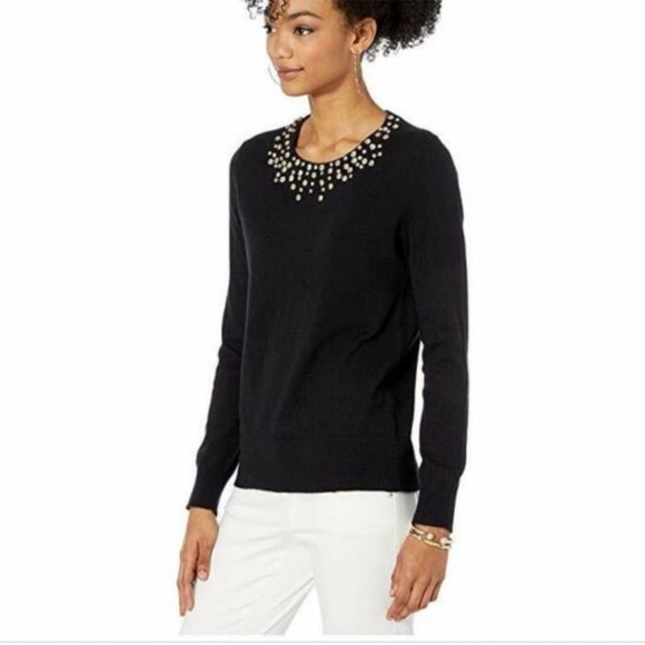 Lilly Pulitzer Odetta Sweater Black Rhinestone Wool Cashmere Blend Jumper Sz M - Picture 2 of 11